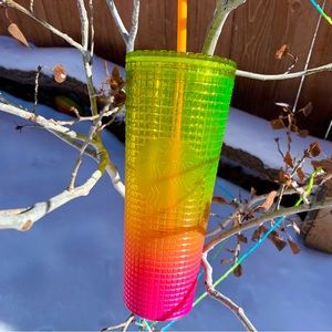 Starbucks Cold Cup Venti Tumbler with straw - pink orange yellow ombre grid